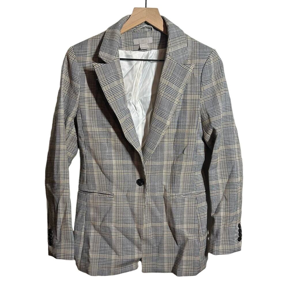 H&M Black White Yellow‎ Oversized Plaid Blazer Size 6